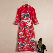 中国风女装复古百鸟剌绣七分袖修身旗袍连衣裙中长款显瘦
