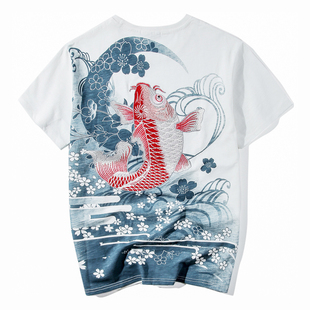 日系和风浮世绘锦鲤鱼刺绣短袖T恤 夏季中国风潮牌男士宽松上衣服
