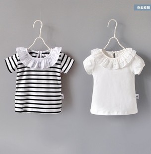 夏装女宝宝短袖t恤棉荷叶领纯色，打底衫1岁婴儿2-8岁翻领上衣