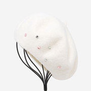 女士秋冬天米白色羊毛贝雷帽优雅气质水钻装饰画家帽淑女时装帽子