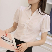 韩版雪纺白衬衫女夏短袖职业装工作服，正装v领大码半袖衬衣女装ol