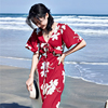 奈良红色连衣裙女夏季v领碎花，裙沙滩裙女雪纺长裙子2024海边度假