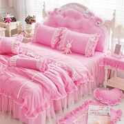 韩版纯棉蕾丝花边公主风，可爱全棉四件套，粉红婚庆1.8m床裙床上用品