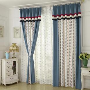 蓝色地中海窗帘儿童房卧室男孩条纹拼接韩式环保布料成品