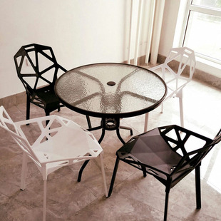 钢化玻璃圆桌洽谈桌椅，组合户外小桌子，现代简约铁艺餐桌休闲咖啡桌
