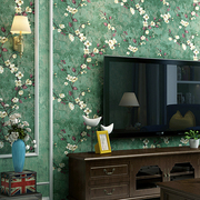 美式田园墙纸卧室复古怀旧乡村风格墨绿色客厅ab版电视背景墙壁纸