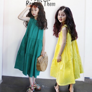 韩版童装女童连衣裙夏季24纯棉，背心长裙中大儿童度假沙滩裙子