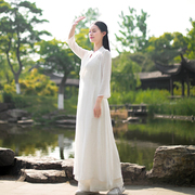 白色禅服长裙女仙中国风禅意棉麻连衣裙，中式长款交领改良汉服茶服