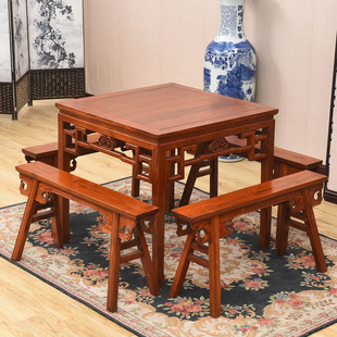明清古典雕花实木八仙桌中式餐桌椅组合仿古正方形餐桌小方桌榆木