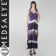 紫白水波纹花色连身吊带长裙