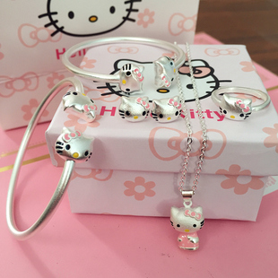 日系动漫925纯银KT猫项链可爱卡通hello kitty凯蒂猫手镯戒指套装