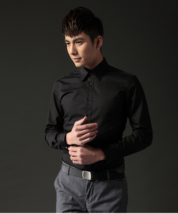 长袖男装衬衫黑色白色淡紫色高档法式袖扣商务免烫防皱修身衬衣