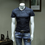 夏季V领短袖T恤男薄款时尚修身个性花纹青年短T多色可选18368