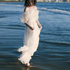 奈良海南三亚沙滩，裙女夏季白色长裙雪纺海边度假裙子一字肩连衣裙