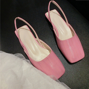 韩国东大门2021夏博拉拉方头，樱粉色鞋拖凉鞋，低跟糖果色百搭女