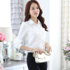长袖衬衫白色2024春季韩版纯色，修身蕾丝衫女装，雪纺衬衣翻领打底衫