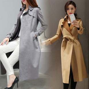 高级感麂皮绒风衣女修身春秋，韩版中长款小个子，显瘦英伦风大衣外套
