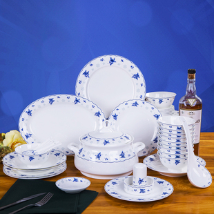 景德镇中式青花骨瓷餐具家用碗碟碗盘，套装组合2856头釉中彩陶瓷