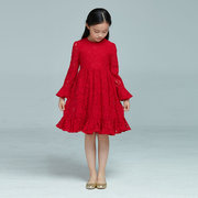 feiyancao童装女童中大童红色蕾丝连衣裙，礼服裙公主裙子亲子装