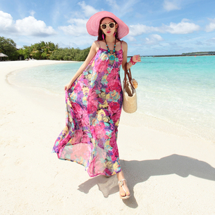 泰国巴厘岛海边度假沙滩裙女波，西米亚长裙雪纺，碎花吊带连衣裙