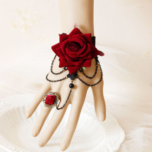 万圣节红玫瑰流苏手链复古巴洛克奢华万用手链戒指一体链腕带饰品