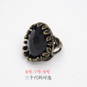 欧美黑色大宝石戒指复古镂空叶蔓指环，外贸出口显手白首饰品