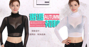 女装秋季透视弹力网纱打底衫透明半截黑色高领T恤蕾丝长袖薄款