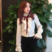 韩国仙女范宫廷(范宫廷)风白色，蝴蝶结立领衬衫女长袖，荷叶边上衣打底衫