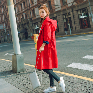 2017春季韩版风衣女中长款学生红色宽松薄款春秋外套