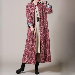 春秋季长袖风衣女 宽松民族风双层女装复古中式长款棉麻碎花外套