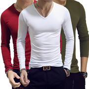 男士长袖t恤v领韩版修身纯色打底衫秋装，白色上衣衣服男装春秋款