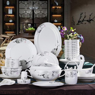 陶瓷餐具景德镇骨瓷中式碗碟组合套装家用简约创意微波炉使用56头