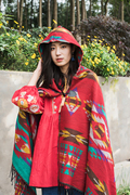 秋冬西藏丽江旅游拍照红色民族，风斗篷带帽子大披肩，女披风外套围巾