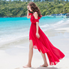 露肩红色复古前短后长燕尾连衣裙波西米亚沙滩裙飘逸雪纺长裙