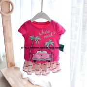 出口欧美贵牌短袖印花玫红T恤+粉色印花卡通半裙2件套装 好货