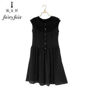  Fairyfair黑色雪纺多层花边高档气质优雅无袖连衣裙