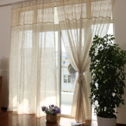 外贸美式乡村亚麻窗帘素色，格子钩针花边拼接成品，客厅卧室阳台窗帘