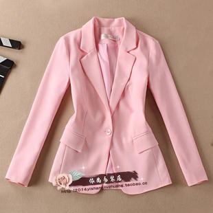 女装小西服夏季一粒扣修身职业，0l外套短款百搭长袖粉色西装