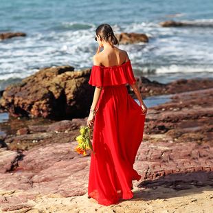 沙漠旅游穿搭拍照红裙度假连衣裙，海边沙滩裙一字，肩大红色长裙女夏