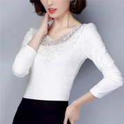 冬季韩版蕾丝衫加绒加厚打底衫女士t恤长袖修身圆领上衣短款小衫