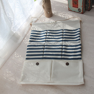 日式蓝白条纹棉麻布收纳置物杂物袋8兜门后墙壁挂袋防水三层