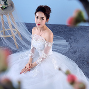 2021一字肩婚纱礼服新娘，公主齐地显瘦韩式孕妇，大拖尾婚纱奢华