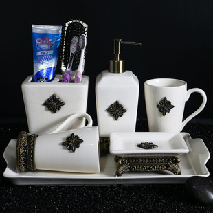 欧式陶瓷卫浴洗漱五件套装创意情侣漱口杯牙膏盒牙刷架组合置物架