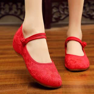 秧歌舞女士老北京布鞋女坡跟茶艺师工作鞋，低跟民族风广场舞红布鞋