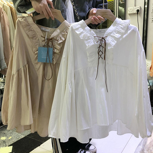2021韩版纯棉衬衫女系带领木耳边独特宽松净色娃娃衫时尚上衣