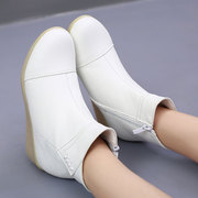 护士鞋白色坡跟牛筋底棉靴女棉鞋加绒保暖中跟短靴真皮靴子工作鞋