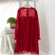 外贸原单中国红双层雪纺花边半高领，长袖连衣裙胖mm加大码女装