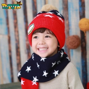 图涂丫韩国男女儿童帽子围巾两件套毛线保暖宝宝秋冬潮小孩2-7岁