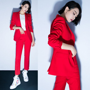 红色ol职业套装女韩版显瘦时尚，帅气西装小外套，西服裤两件套潮