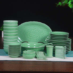 龙泉青瓷碗餐具套装单品牡丹瓷器陶瓷碟子菜盘鱼盘中式微波炉适用